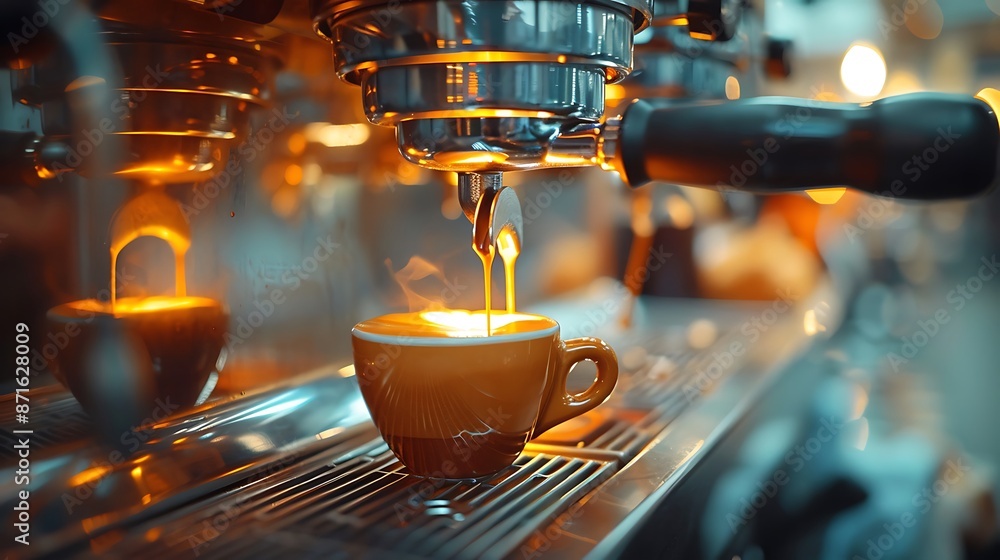 © TranNgoc - A detailed view of a barista's hand holding a cup under the machine, highlighting the precise positioning and anticipation of the coffee. Warm, inviting lighting highlighting the scene,