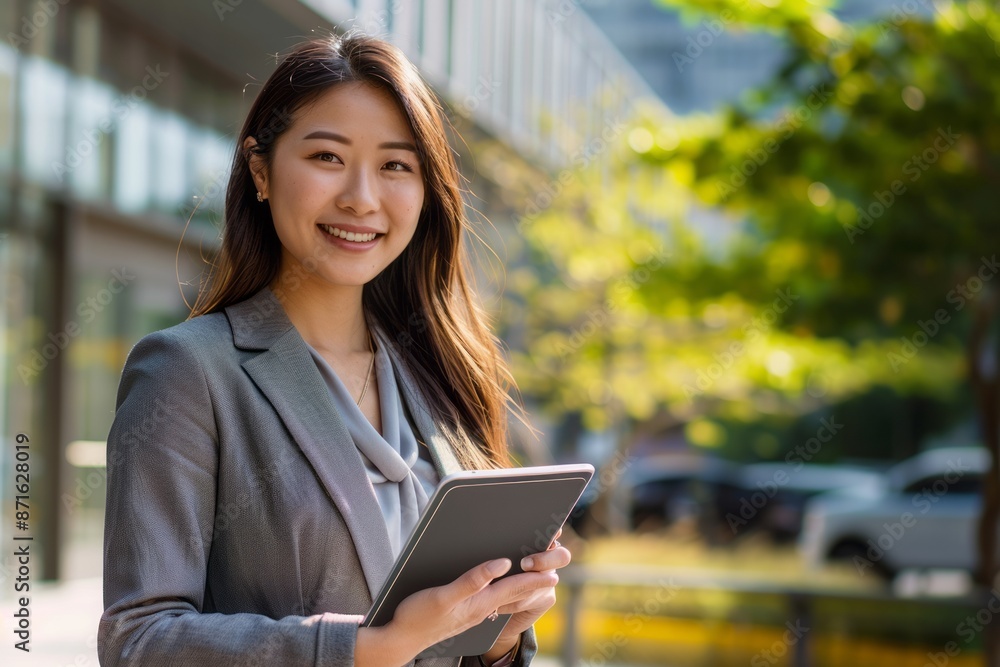 Smiling young asian businesswoman using digital tablet in blurred city background, technology concept Smiling young asian businesswoman using digital tablet in blurred city background, technology concept