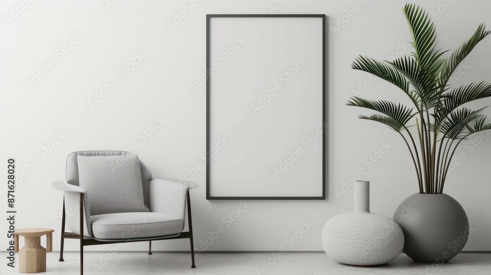 Blank picture frame mockup in minimalistic modern interior. Vertical template mock up for artwork, painting, photo or poster in interior design Blank picture frame mockup in minimalistic modern interior. Vertical template mock up for artwork, painting, photo or poster in interior design