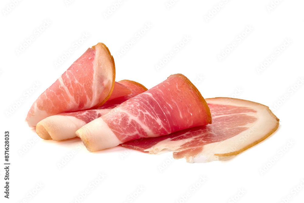 Italian prosciutto crudo or spanish jamon. Jerked meat, isolated on white background. High resolution image. Italian prosciutto crudo or spanish jamon. Jerked meat, isolated on white background. High resolution image.