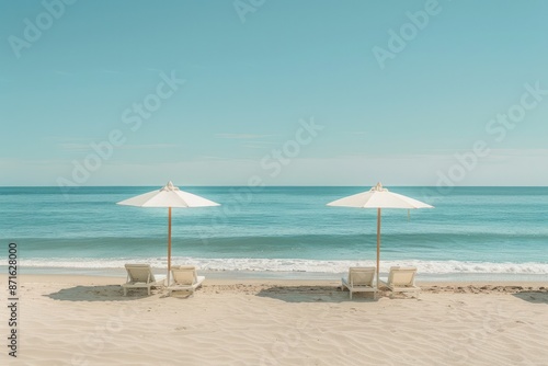 Two white umbrellas are set up on a beach, with chairs underneath them © sornthanashatr