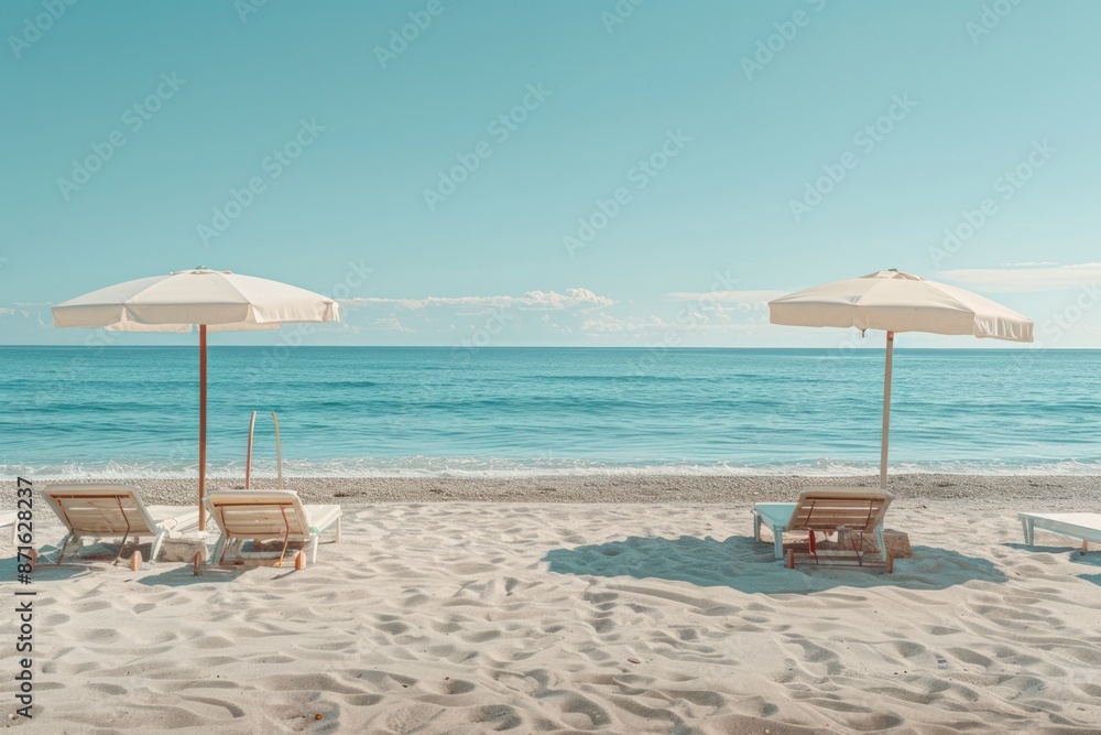 Fototapeta premium Two beach umbrellas are set up on the beach