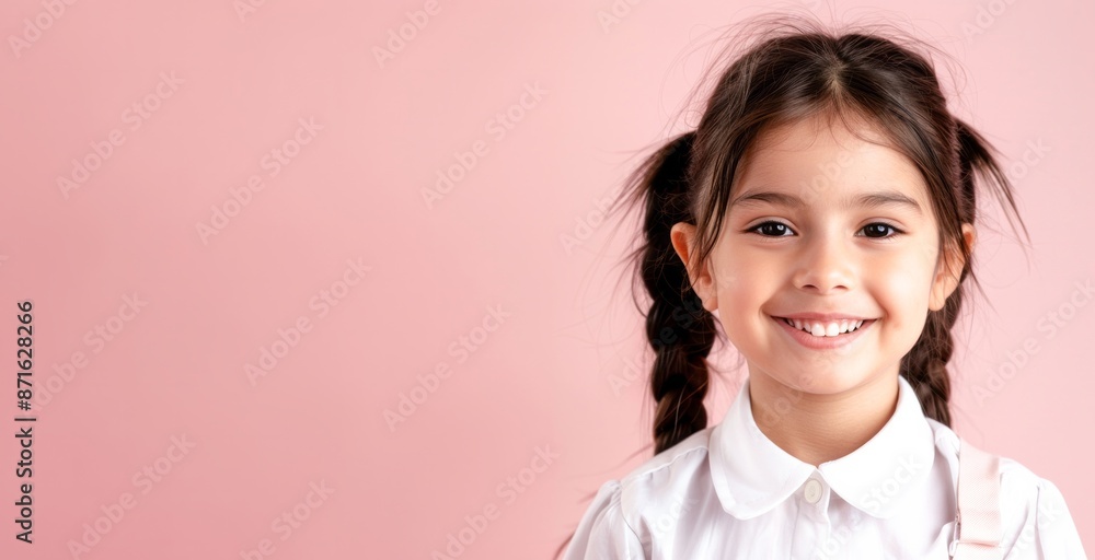 Portrait of happy cute brunette child girl on light pink background Portrait of happy cute brunette child girl on light pink background