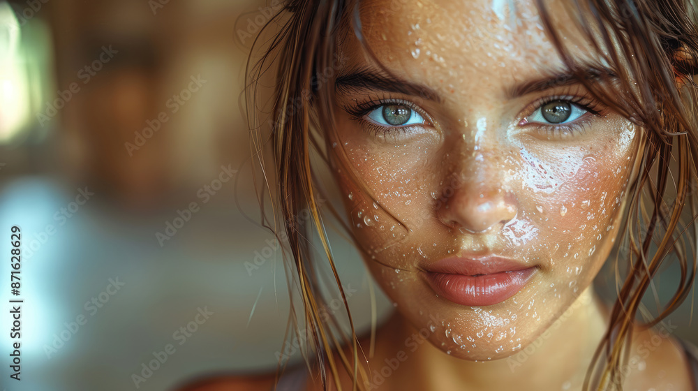 A close-up portrait of a young woman with water droplets on her face. Her eyes are green and her lips are slightly parted. She is looking at the camera with a serious expression. A close-up portrait of a young woman with water droplets on her face. Her eyes are green and her lips are slightly parted. She is looking at the camera with a serious expression.