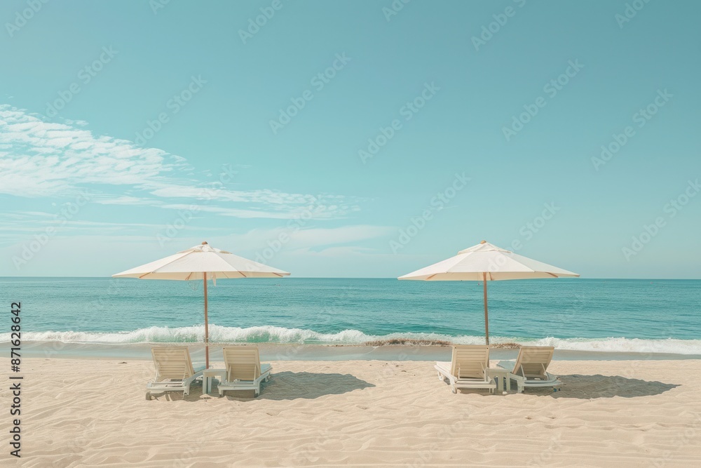 Two beach umbrellas are set up on a sandy beach Two beach umbrellas are set up on a sandy beach