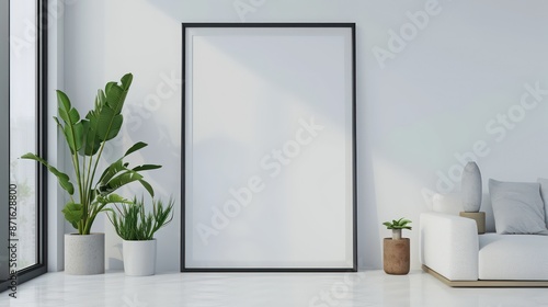 Wallpaper Mural Blank picture frame mockup in minimalistic modern interior. Vertical template mock up for artwork, painting, photo or poster in interior design Torontodigital.ca