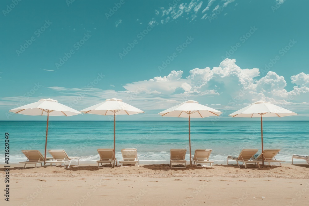 Fototapeta premium A beach scene with four white umbrellas and several lounge chairs