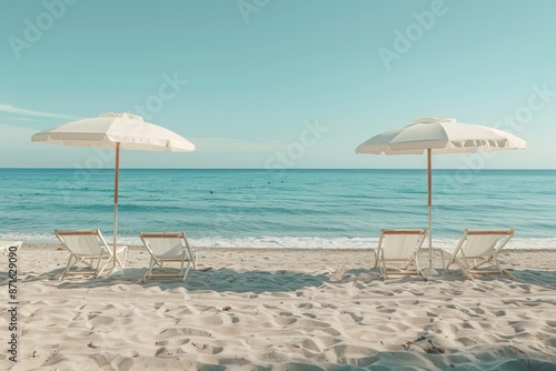 Fototapeta Naklejka Na Ścianę i Meble -  Two beach umbrellas and four beach chairs are set up on a sandy beach