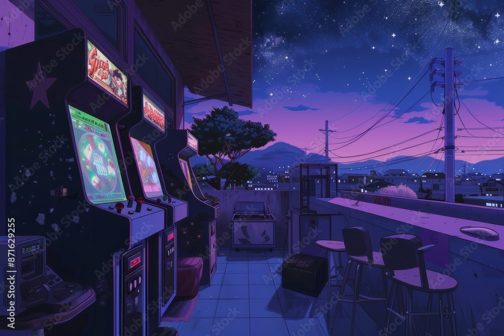 a retro arcade courtyard with arcade games and lofi background music for a chill hangout vibe. Cozy vibe, Generative AI a retro arcade courtyard with arcade games and lofi background music for a chill hangout vibe. Cozy vibe, Generative AI
