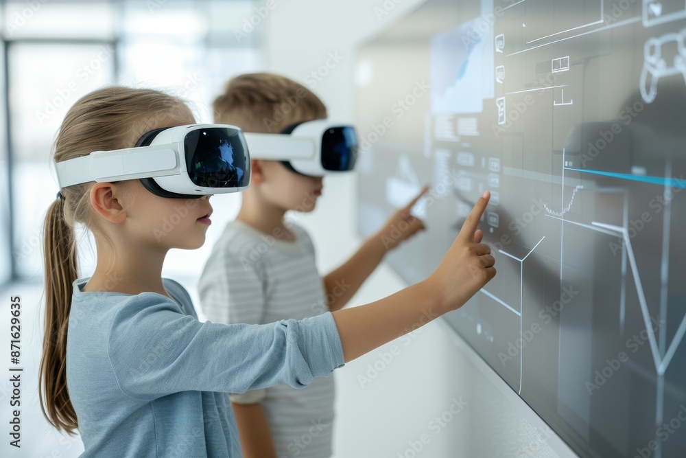 Two children wearing virtual reality goggles pointing at a computer screen Two children wearing virtual reality goggles pointing at a computer screen