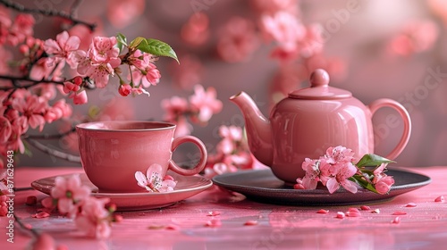 A beautiful image of a pink teacup and teapot on a pink table. The table is decorated with pink cherry blossoms. The background is a soft pink color. The image is very calming and peaceful.