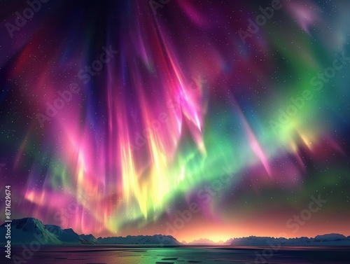 Amazing colorful aurora borealis in the night sky over the mountains and lake