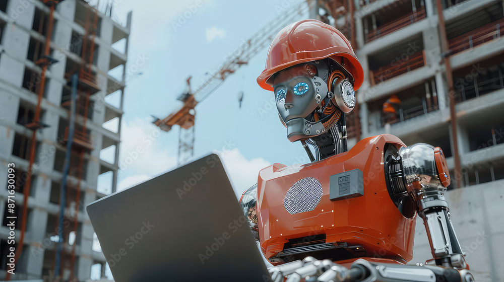 Robot Engineer Inspecting Construction Site with Laptop generated with AI Robot Engineer Inspecting Construction Site with Laptop generated with AI