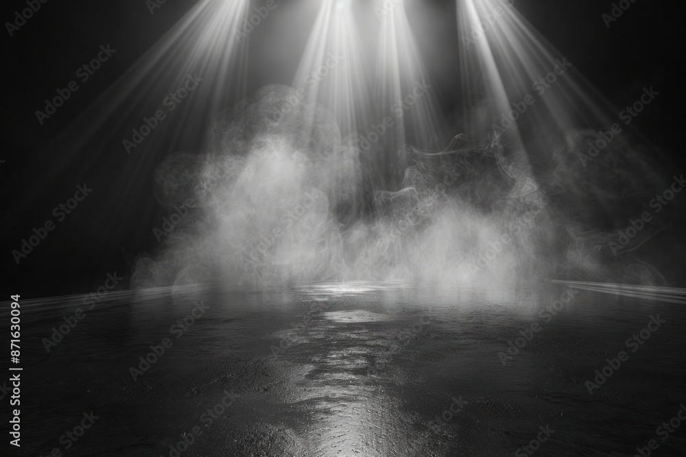 A dark room with a foggy mist and a spotlight shining on it A dark room with a foggy mist and a spotlight shining on it