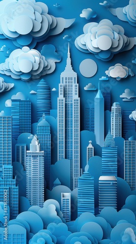 A paper cut-style city skyline with various office buildings, where each building represents different aspects of a business.