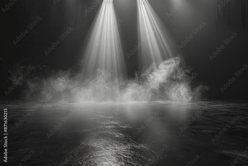 The image is a black and white photo of a stage with two lights shining on it The image is a black and white photo of a stage with two lights shining on it