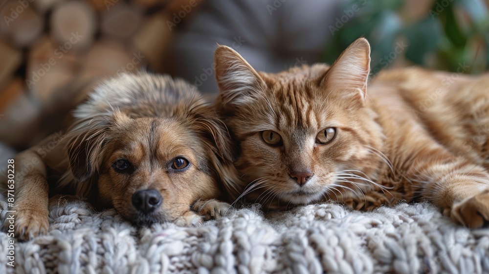 The cat while the dog is resting its head on the cat's back. They both seem very relaxed and comfortable. The cat while the dog is resting its head on the cat's back. They both seem very relaxed and comfortable.