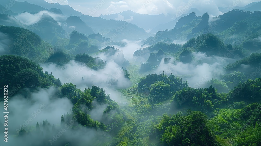 a beautiful landscape of misty mountains. The mountains are covered in lush green vegetation and the clouds are swirling around them. The scene is peaceful and serene. a beautiful landscape of misty mountains. The mountains are covered in lush green vegetation and the clouds are swirling around them. The scene is peaceful and serene.
