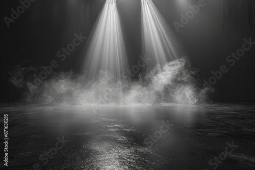 The image is a black and white photo of a stage with two lights shining on it
