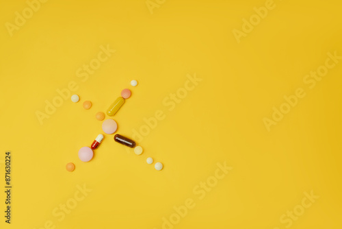 Various pills arranged in an X shape on yellow background, left side