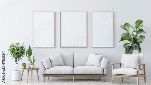Minimalist white living room with soft blue accents, featuring a comfortable sofa, a glowing table lamp, and modern decor, creating a serene atmosphere.
