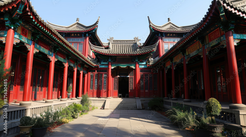The courtyard is surrounded by red walls and has a tiled roof. There are doors and windows on all sides of the courtyard, and the ground is covered in square tiles. The courtyard is surrounded by red walls and has a tiled roof. There are doors and windows on all sides of the courtyard, and the ground is covered in square tiles.