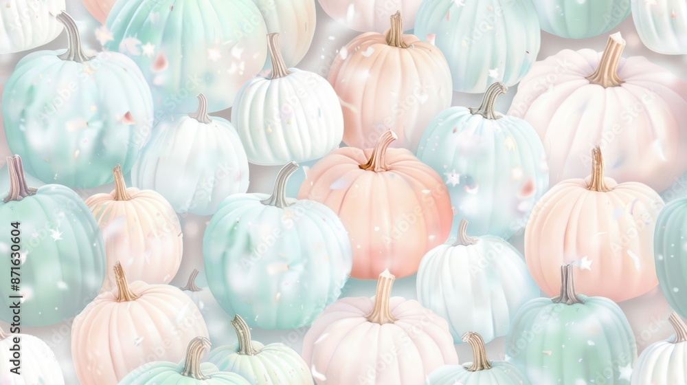 Soft pastel-colored pumpkins with autumn leaves scattered around, creating a delicate and elegant pattern. Ideal for autumn and seasonal decor. Soft pastel-colored pumpkins with autumn leaves scattered around, creating a delicate and elegant pattern. Ideal for autumn and seasonal decor.