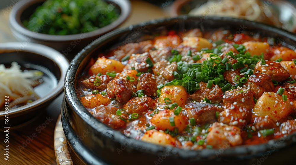 A delicious and hearty Korean pork stew, made with pork, potatoes, and vegetables, and served in a hot stone bowl. A delicious and hearty Korean pork stew, made with pork, potatoes, and vegetables, and served in a hot stone bowl.