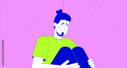 Crying european man hugging knees 2D linear illustration concept. Caucasian male suffering from depression cartoon scene background. Mental health support metaphor abstract flat vector graphic