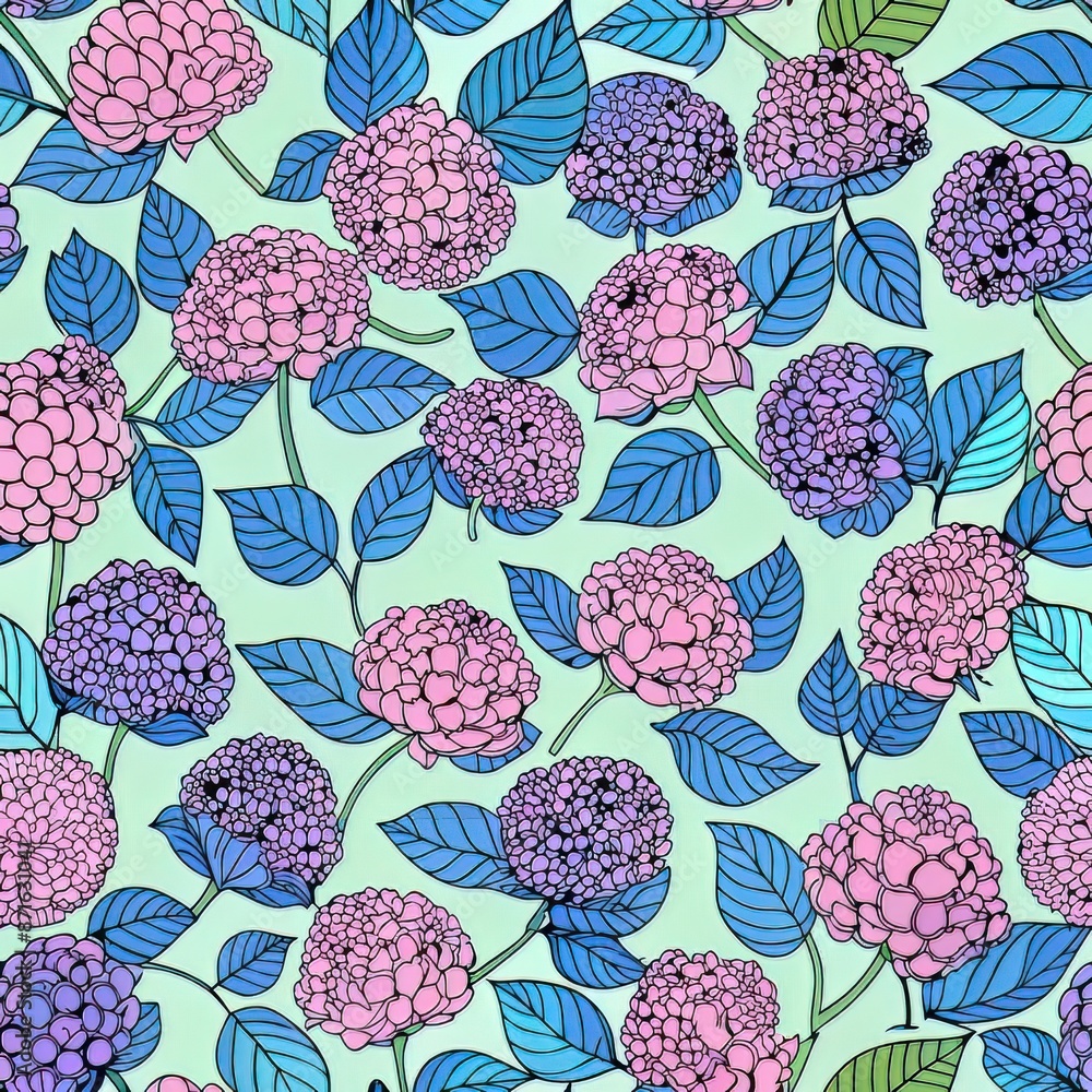 seamless pattern of miniature hydrangea clusters, Generative AI seamless pattern of miniature hydrangea clusters, Generative AI