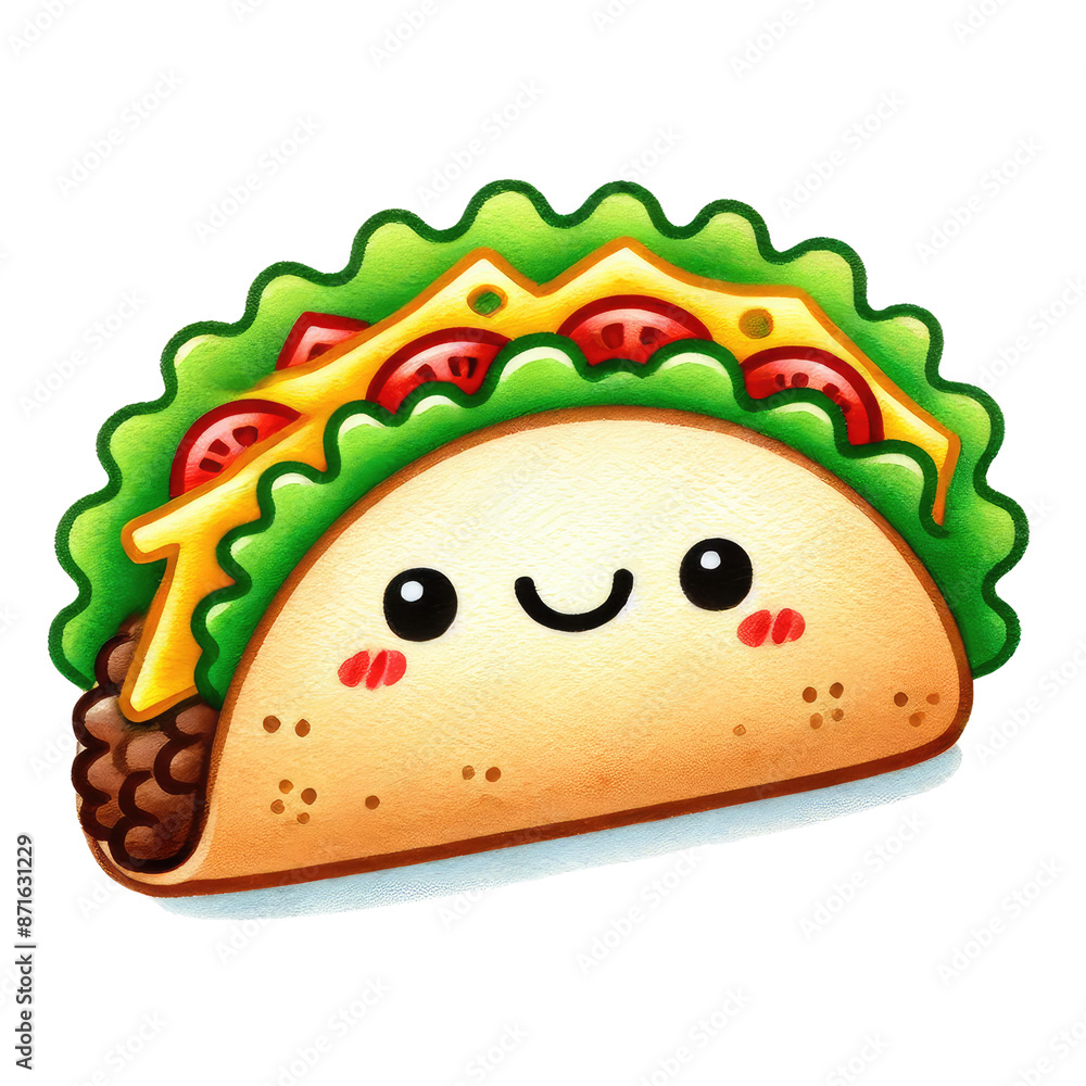 Tacos filled with beef, lettuce, cheese, and tomatoes. watercolor illustration, Perfect for nursery art. Tacos filled with beef, lettuce, cheese, and tomatoes. watercolor illustration, Perfect for nursery art.