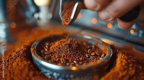Close-up of a barista's hand firmly tamping coffee grounds, capturing the detailed texture of the grounds and tamper. Background shows a blurred coffee machine, with warm, natural light.