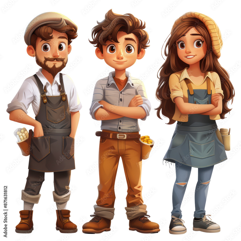 A man and two women standing together. The man is wearing a brown apron and a hat. The woman on the left is wearing a blue apron and the woman on the right is wearing an orange apron. A man and two women standing together. The man is wearing a brown apron and a hat. The woman on the left is wearing a blue apron and the woman on the right is wearing an orange apron.