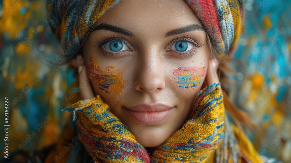 A young woman with colorful paint on her face and wearing a colorful headscarf. A young woman with colorful paint on her face and wearing a colorful headscarf.