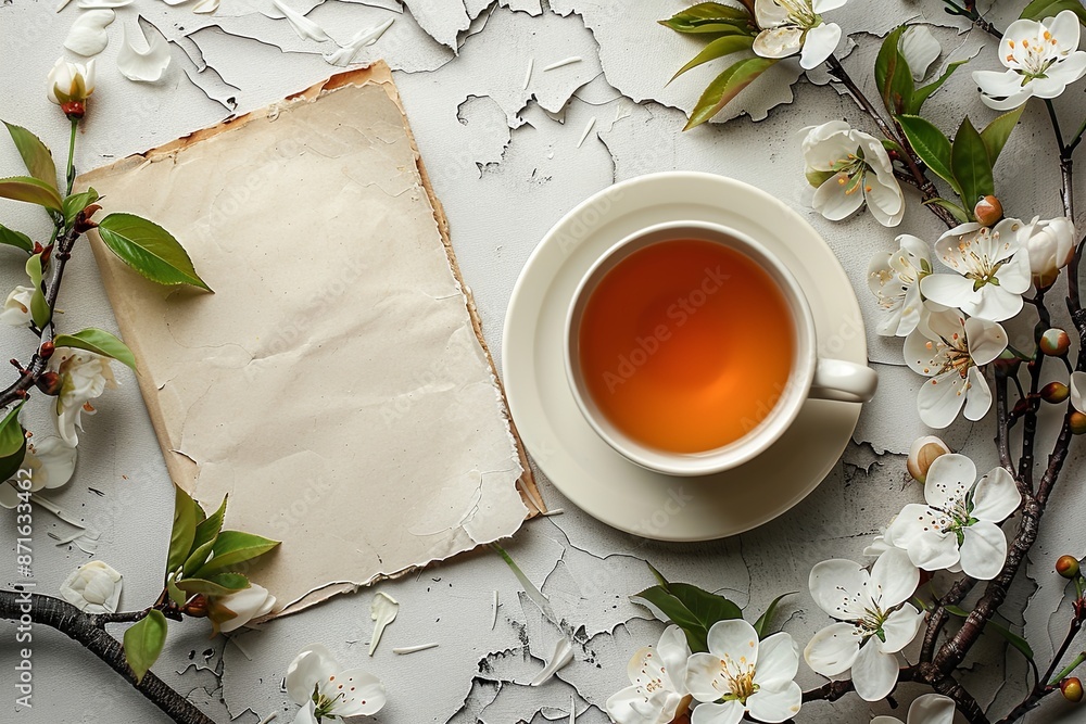 Flat lay cup of tea sits on a white plate next to empty piece of paper with copy space. Concept of calm and relaxation Flat lay cup of tea sits on a white plate next to empty piece of paper with copy space. Concept of calm and relaxation