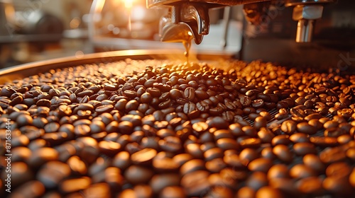 Detailed shot of espresso beans in a grinder hopper, focusing on the texture and shine of the beans. Warm tones and soft shadows accentuate the scene. © TranNgoc