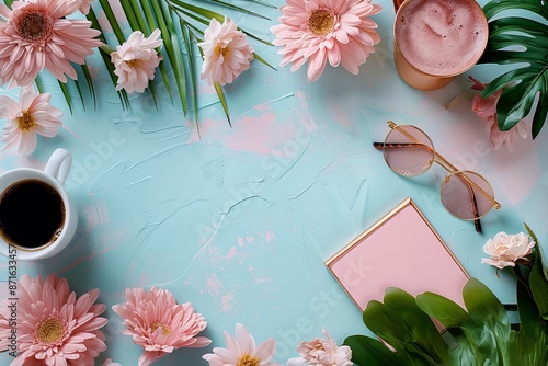 Flat lay table with a cup of coffee, a pink notebook, sunglasses, and a pink flowers with copy space on blue background