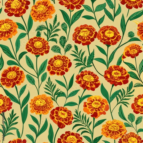 seamless pattern of petite marigolds and stems, Generative AI