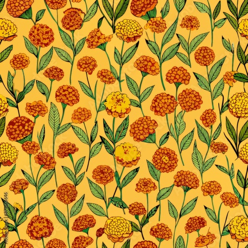 seamless pattern of petite marigolds and stems, Generative AI