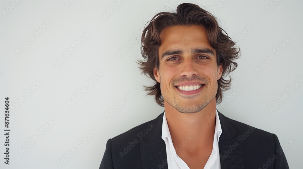 A man with a beard and a smile is wearing a black suit and white shirt. He is posing for a picture A man with a beard and a smile is wearing a black suit and white shirt. He is posing for a picture