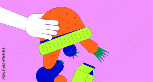 Person pouring food products out of hat 2D linear illustration concept. Carrying grocery goods in knitted clothes item cartoon scene background. Shopping bag metaphor abstract flat vector graphic