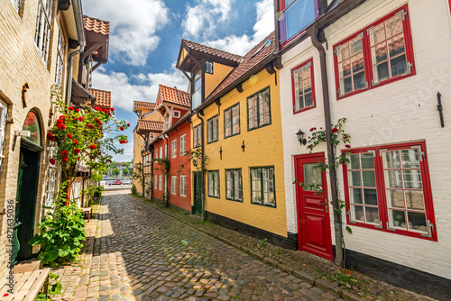 Picturesque historic street in the old town of Flensburg, Germany