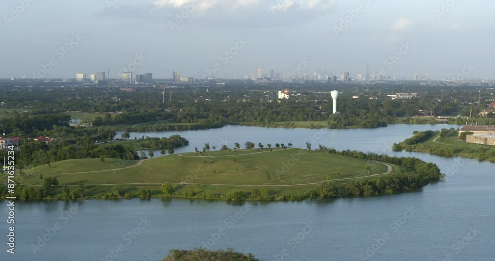 Establishing drone shot of Brays Bayou Park and Houston city landscape Establishing drone shot of Brays Bayou Park and Houston city landscape