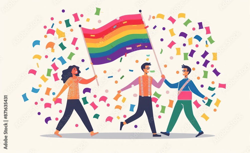Pride Day-themed illustration of three people holding a rainbow flag and celebrating with confetti. Generative ai Pride Day-themed illustration of three people holding a rainbow flag and celebrating with confetti. Generative ai