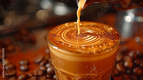 Detailed shot of milk being poured into espresso, focusing on the swirl and the mixing patterns. Warm tones and soft shadows accentuate the blending process.