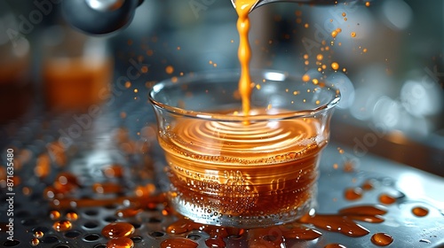 Detailed shot of milk being poured into espresso, focusing on the swirl and the mixing patterns. Warm tones and soft shadows accentuate the blending process.
