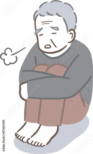 体育座りで落ち込む高齢男性のイラスト素材