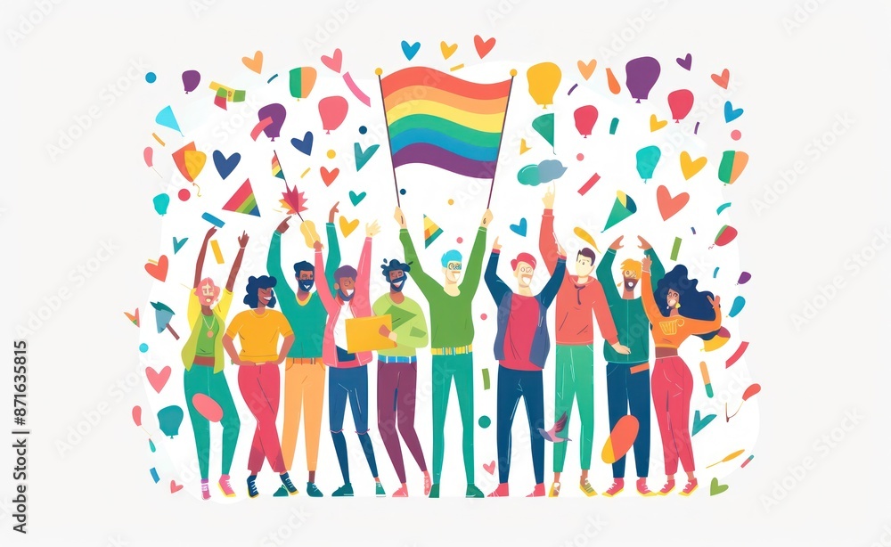 Diverse group celebrating with pride flags and confetti, showcasing LGBTQ+ unity and joy. Generative ai Diverse group celebrating with pride flags and confetti, showcasing LGBTQ+ unity and joy. Generative ai