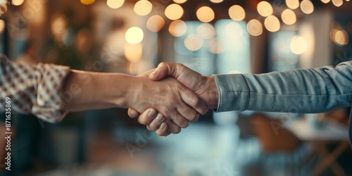 Businesspeople shaking hands, job interview, HR meeting, or partnership offer. Recruitment, HR hiring, and introduction in Bokeh: professional clients handshake photo