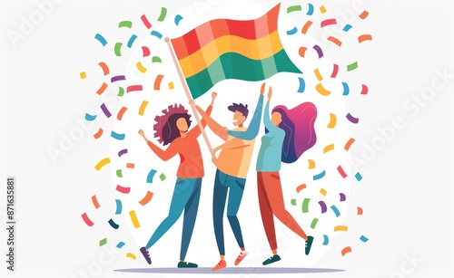 Diverse group celebrating with pride flags and confetti, showcasing LGBTQ+ unity and joy. Generative ai